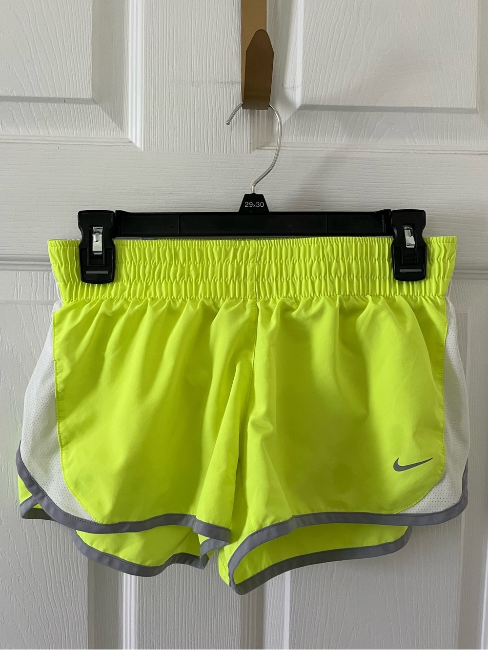 Nike Women's Neon Yellow Athletic Running Shorts with Gray Trim